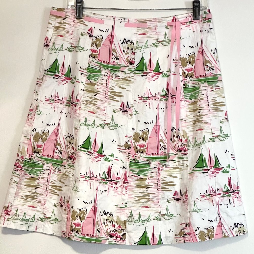 J. Crew White Skirt with Pink and Green Sailboat Print